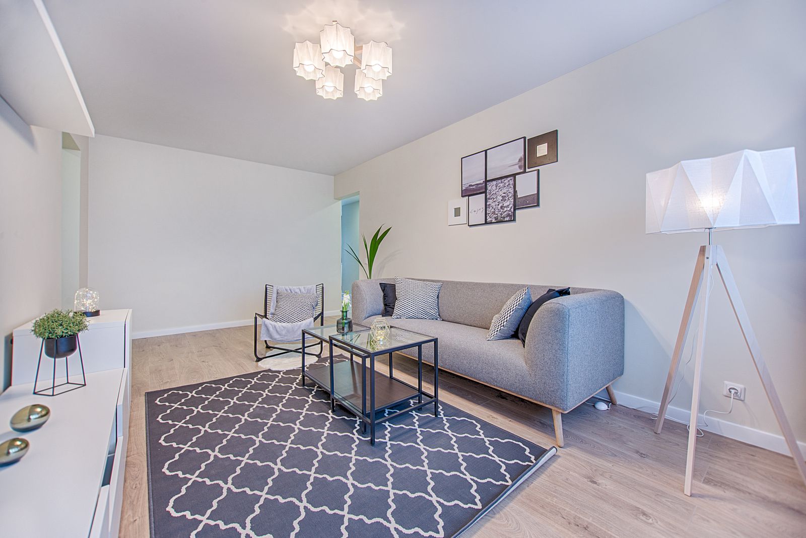Helles Wohnzimmer mit Regalwand